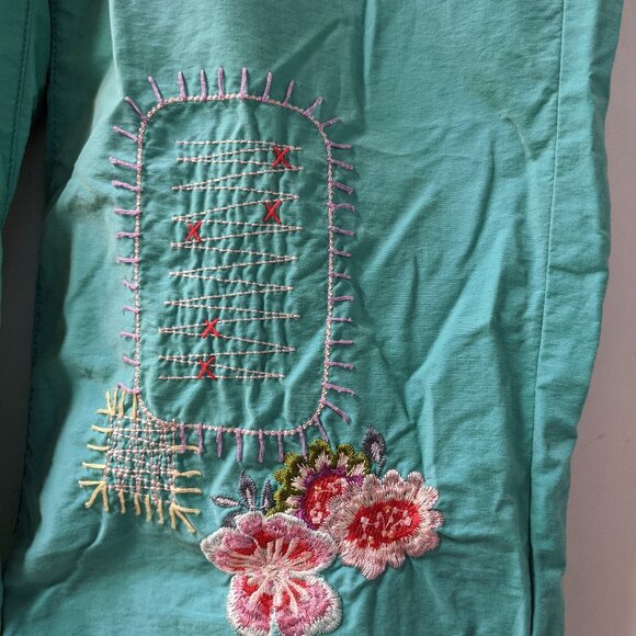 Green Embroidery Boho Crop Pants Embellished Large - Picture 6 of 11